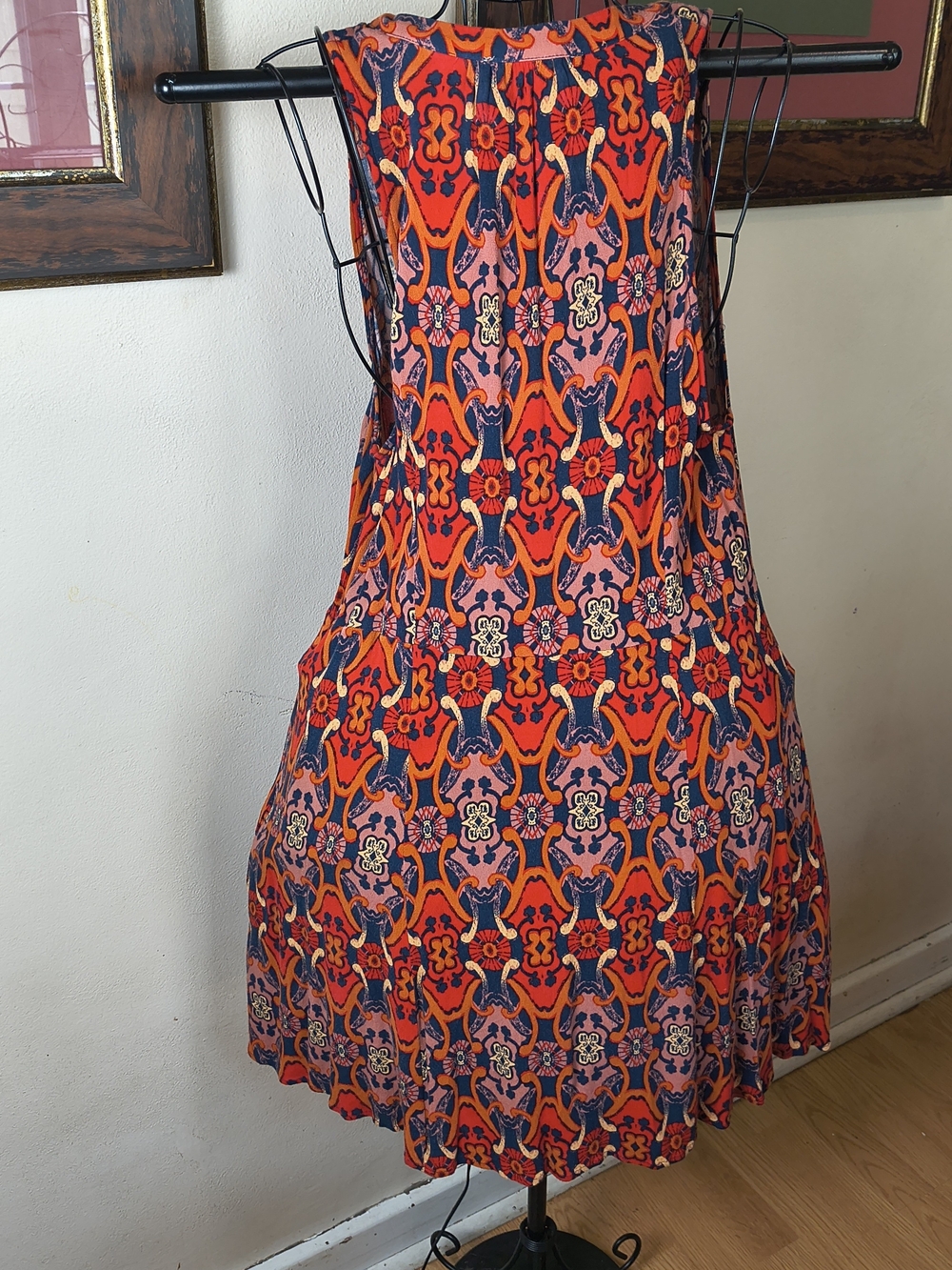 Button front red and blue boho sleeveless mini dress - Picture 3 of 11